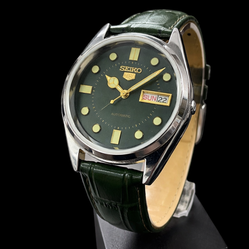 Vintage MOD Seiko 5 Green Face Automatic Cal. 6309 Men's Wrist Watch SK00012