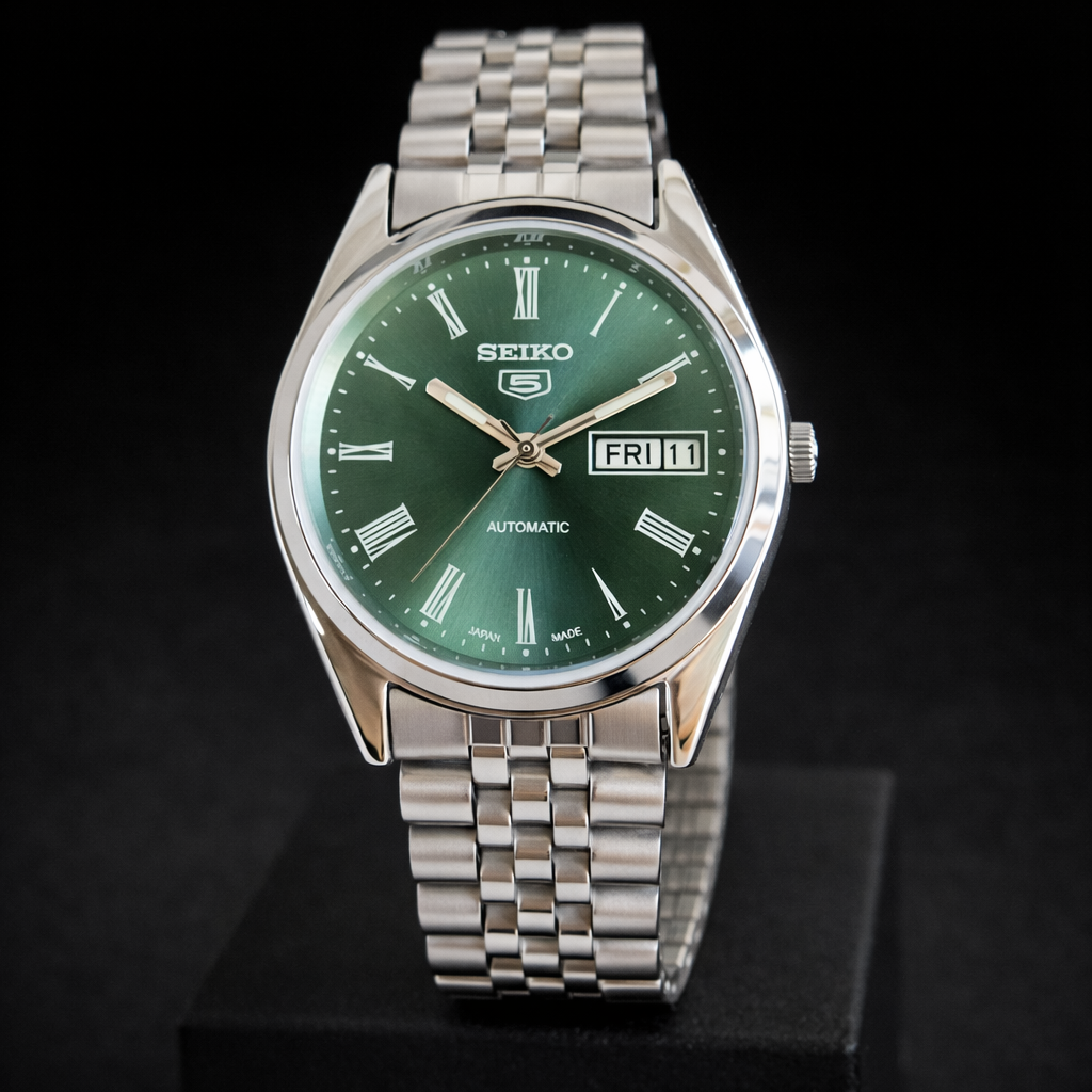 Vintage MOD Seiko 5 Automatic 17 Jewels Cal.6309 Green Face Jubilee Bracelet Men's Wrist Watch J56