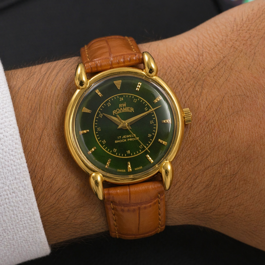 Vintage Roamer Green Face Golden Case Mechanical Hand Winding 17 jewels Brown Leather Strap Men's Wrist Watch D64
