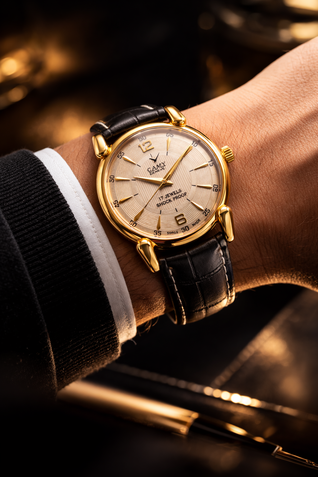 Vintage Mod Camy Silver Face Golden Case Mechanical Hand Winding 17 jewels Black Leather Strap Men's Wrist Watch D72