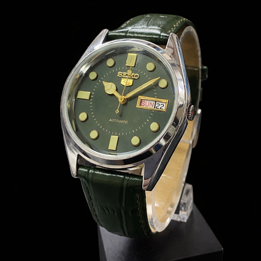 Vintage MOD Seiko 5 Green Face Automatic Cal. 6309 Men's Wrist Watch SK00012