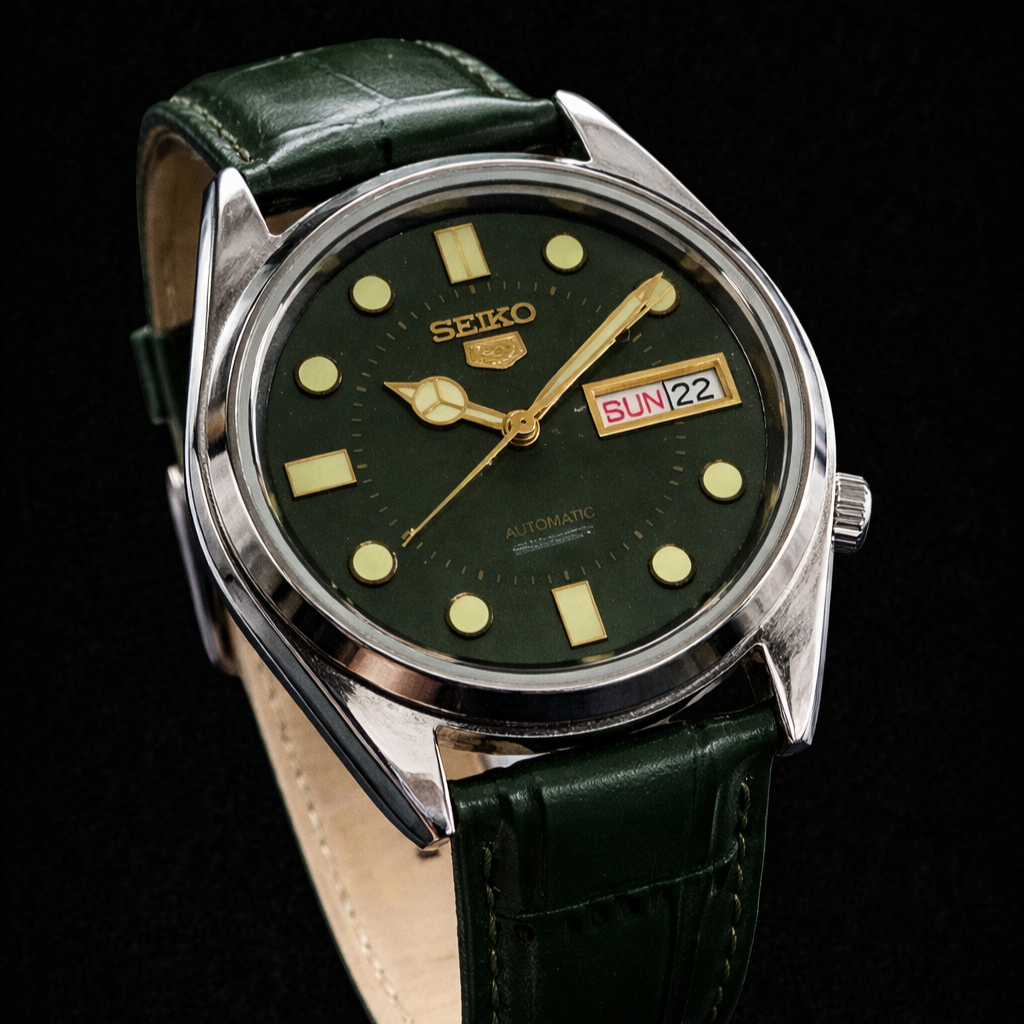 Vintage MOD Seiko 5 Green Face Automatic Cal. 6309 Men's Wrist Watch SK00012