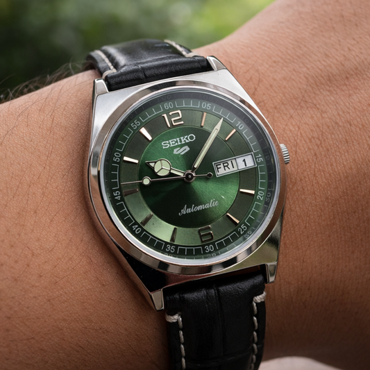 Vintage Mod Seiko 5 Automatic 17 Jewels Cal. 6309 Green Face Black Leather Band Day-Date Men's Wrist Watch D21