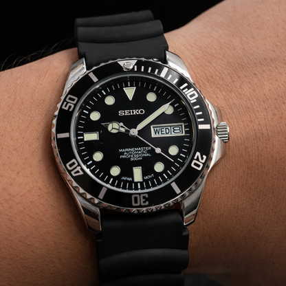 Vintage MOD Seiko Marine Master Automatic Black Face Cal. 6309 Black Rotating Bezel Black Silicone Strap Men's Wrist Watch D01