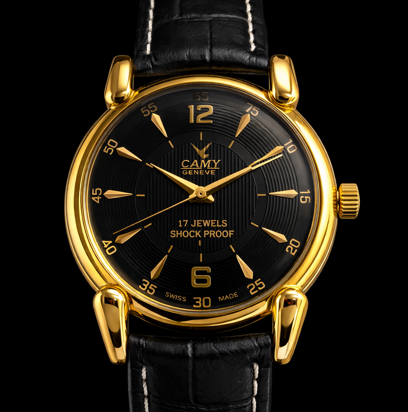 Vintage Mod Camy Black Face Golden Case Mechanical Hand Winding 17 jewels Black Leather Strap Men's Wrist Watch D74