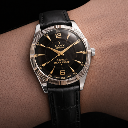 Vintage Camy Black Face Silver Case Mechanical Hand Winding 17 jewels Fluted Bezel Black Band Men's Wrist Watch D93