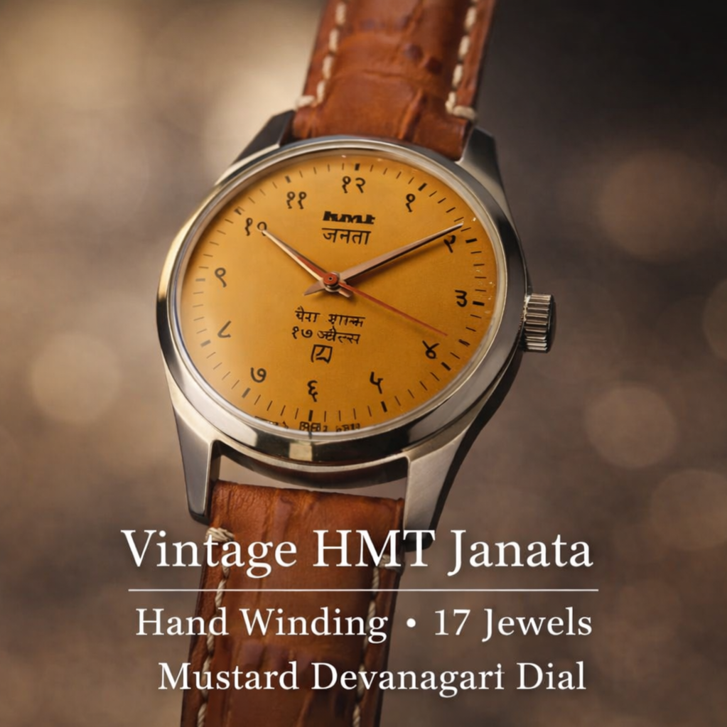 Vintage MOD HMT Janata Devanagari Hand Winding 17 Jewels Mustard Face Brown Band Men's Wrist Watch C30