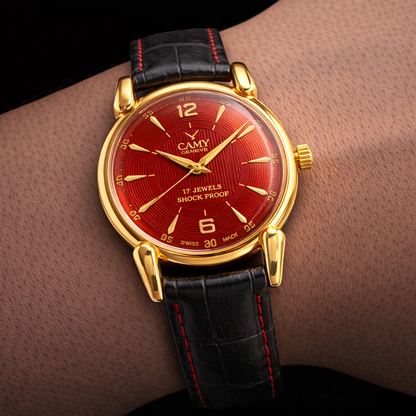 Vintage Camy Red Face Golden Case Mechanical Hand Winding 17 jewels Black Leather Strap Men's Wrist Watch D73