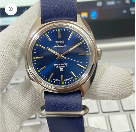 Vintage MOD HMT Kohinoor Hand Winding 17 Jewels Blue Face Blue  Nato Band Men's Wrist Watch B59