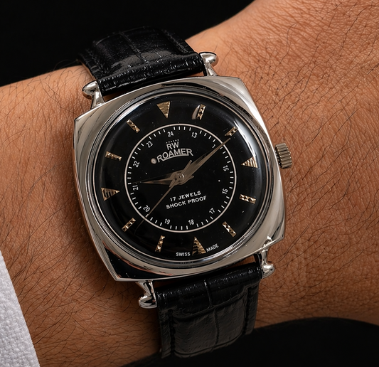 Vintage Roamer Black Face Silver Case Mechanical Hand Winding 17 jewels Black Leather Strap Men's Wrist Watch D60