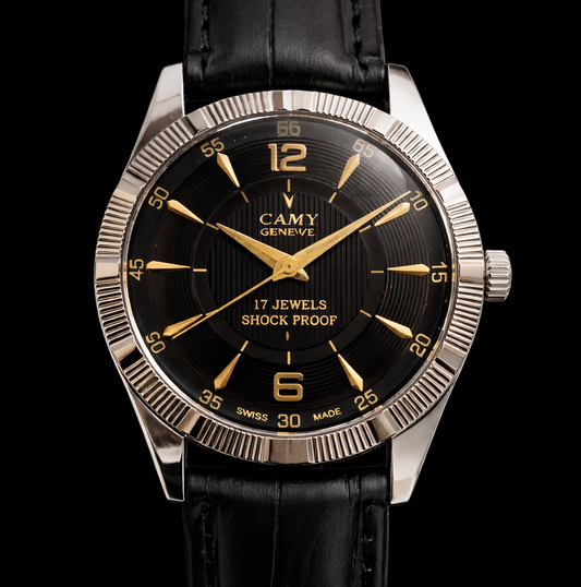 Vintage Camy Black Face Silver Case Mechanical Hand Winding 17 jewels Fluted Bezel Black Band Men's Wrist Watch D93