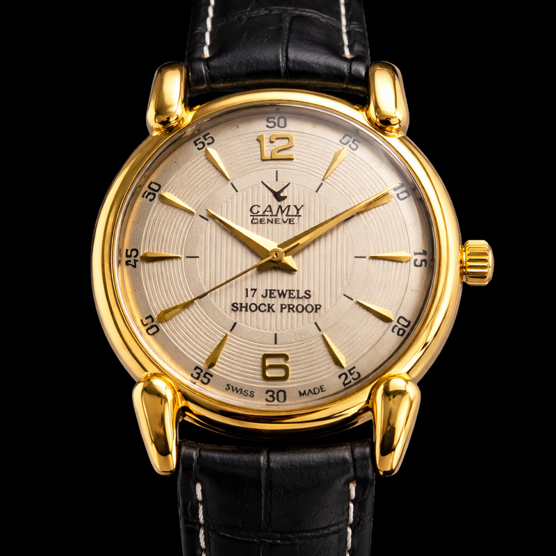 Vintage Mod Camy Silver Face Golden Case Mechanical Hand Winding 17 jewels Black Leather Strap Men's Wrist Watch D72