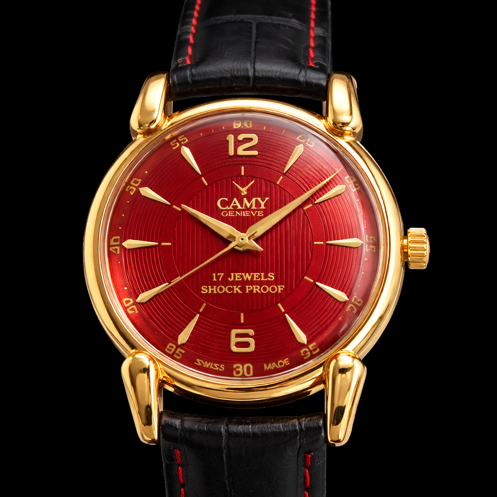 Vintage Camy Red Face Golden Case Mechanical Hand Winding 17 jewels Black Leather Strap Men's Wrist Watch D73