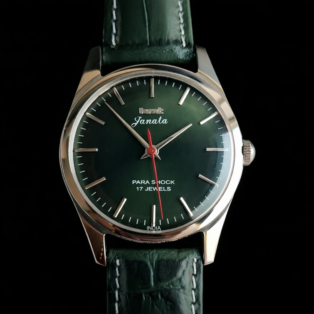 Vintage MOD HMT Janata Hand Winding 17 Jewels Green Face Green Croco Leather Strap Men's Wrist Watch J0017