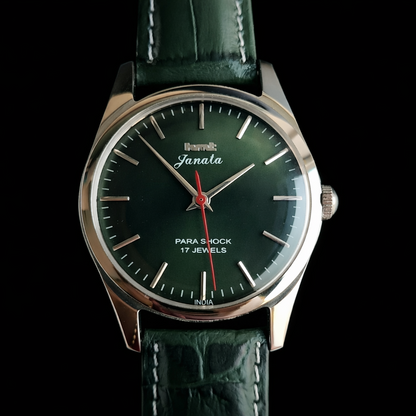 Vintage MOD HMT Janata Hand Winding 17 Jewels Green Face Green Croco Leather Strap Men's Wrist Watch J17