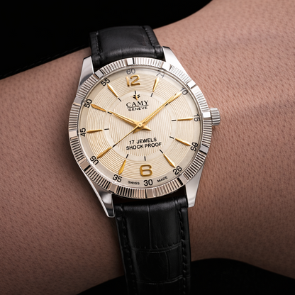 Vintage Camy Silver Face Silver Case Mechanical Hand Winding 17 jewels Fluted Bezel Black Band Men's Wrist Watch D92