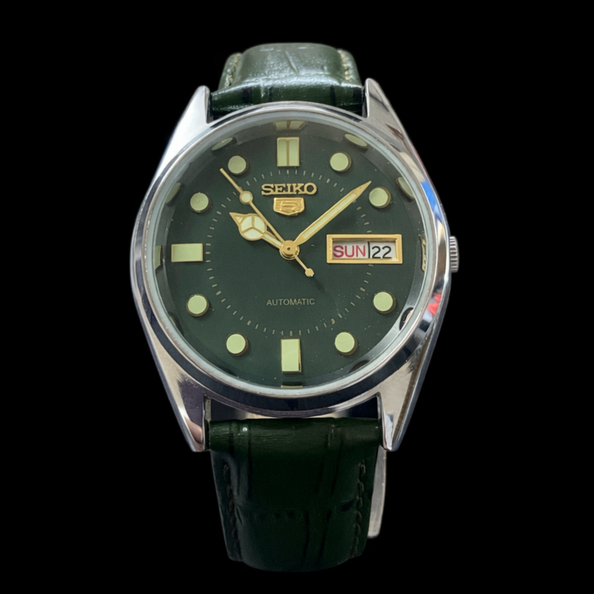Vintage MOD Seiko 5 Green Face Automatic Cal. 6309 Men's Wrist Watch SK00012
